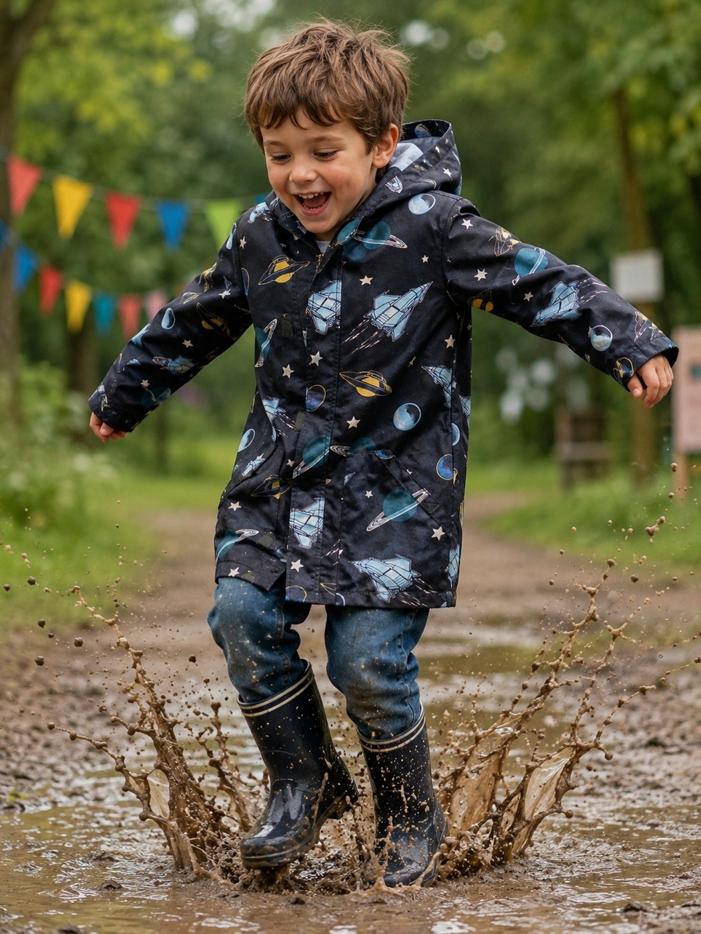 Gymboree Boys' Space Rocket Hooded Raincoat - Black & Blue NWOT